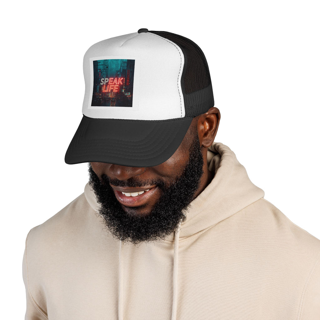Speak Life Trucker Cap – Retro Neon City Message Mesh Hat