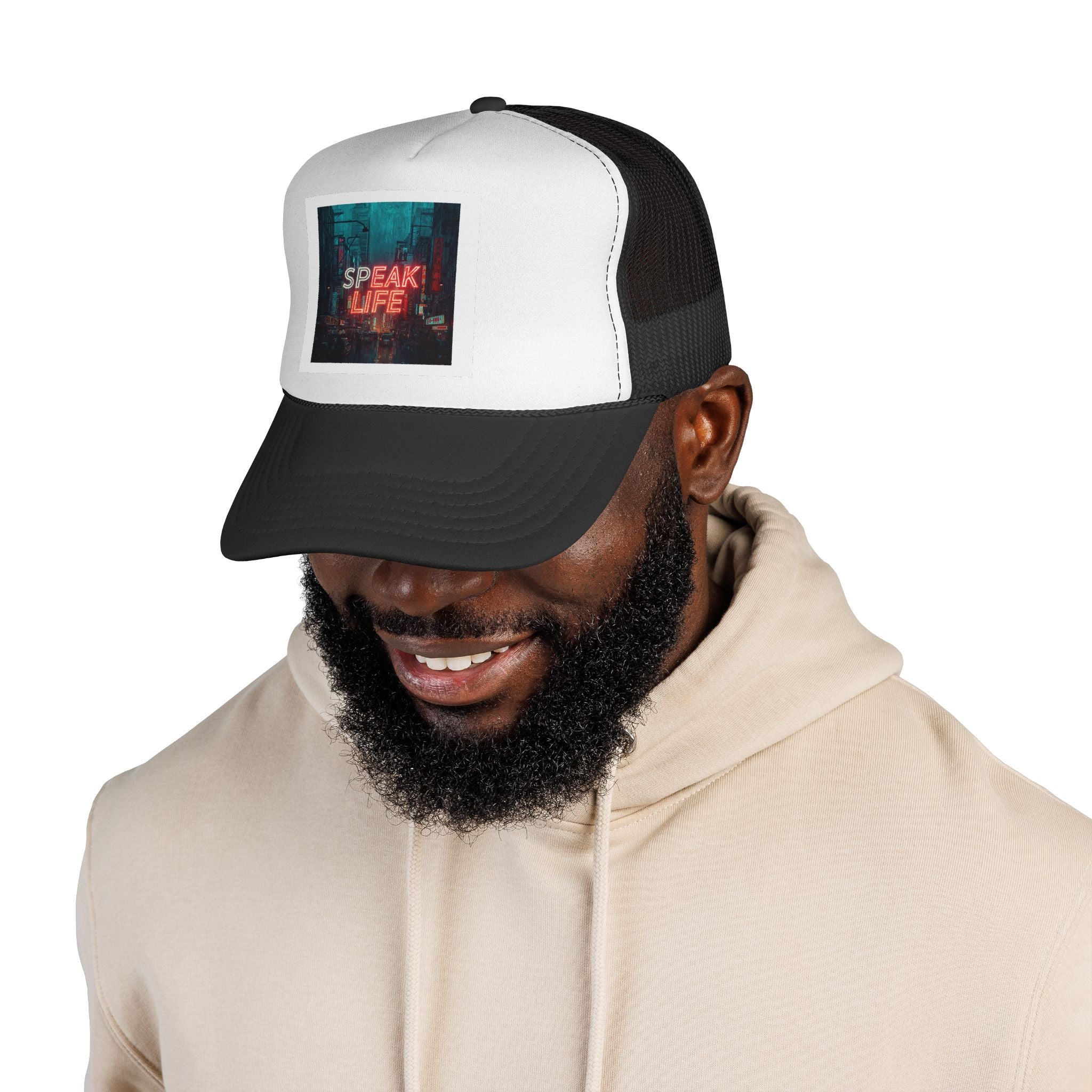 Speak Life Trucker Cap – Retro Neon City Message Mesh Hat