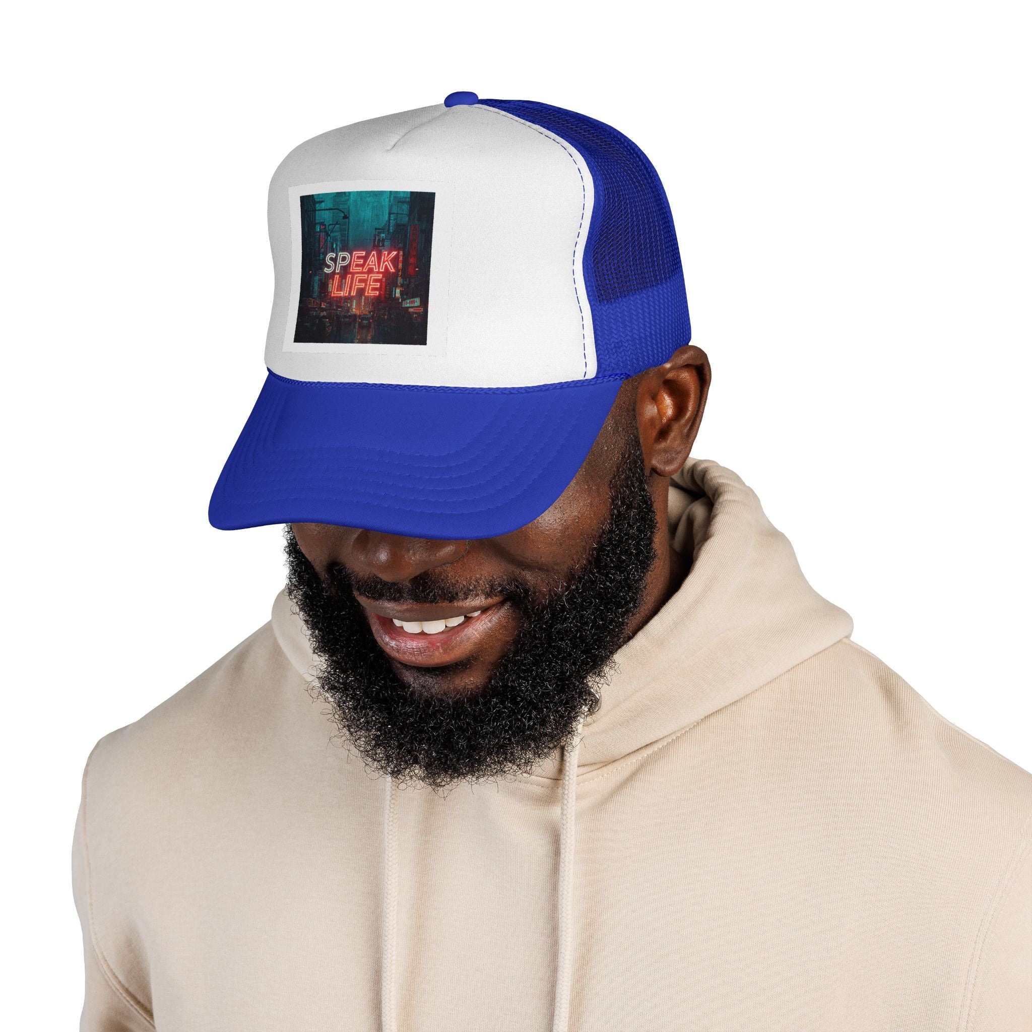 Speak Life Trucker Cap – Retro Neon City Message Mesh Hat