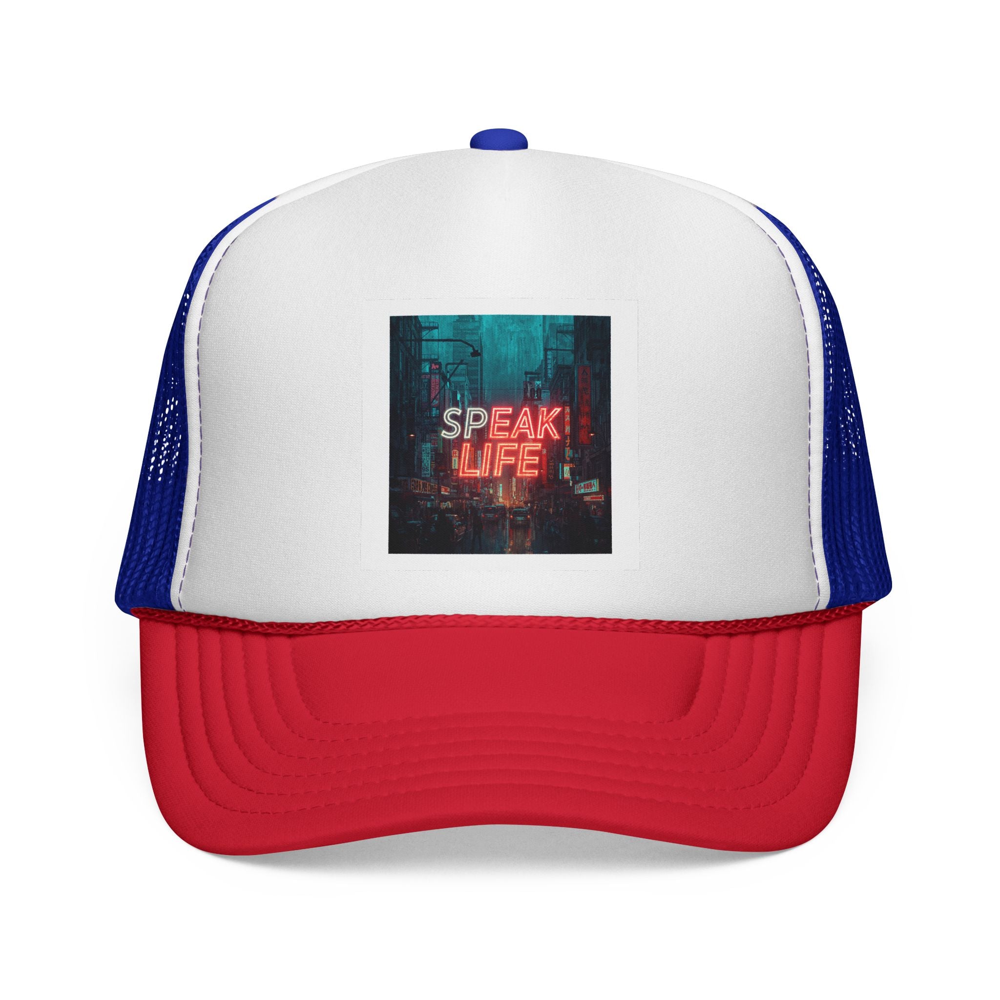 Speak Life Trucker Cap – Retro Neon City Message Mesh Hat