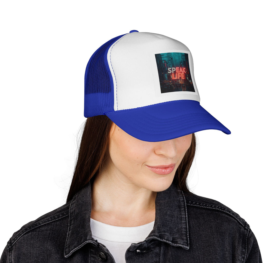 Speak Life Trucker Cap – Retro Neon City Message Mesh Hat