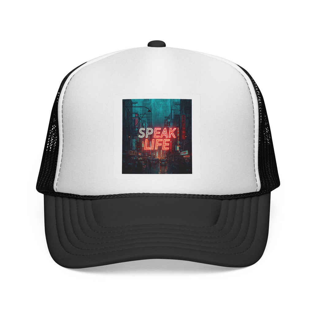 Speak Life Trucker Cap – Retro Neon City Message Mesh Hat