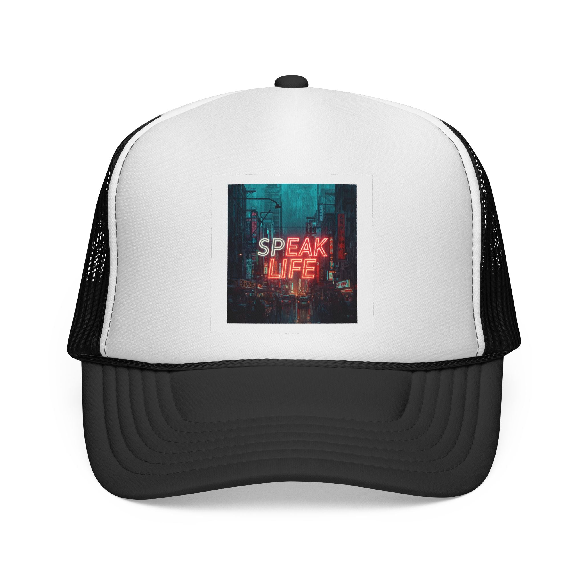 Speak Life Trucker Cap – Retro Neon City Message Mesh Hat