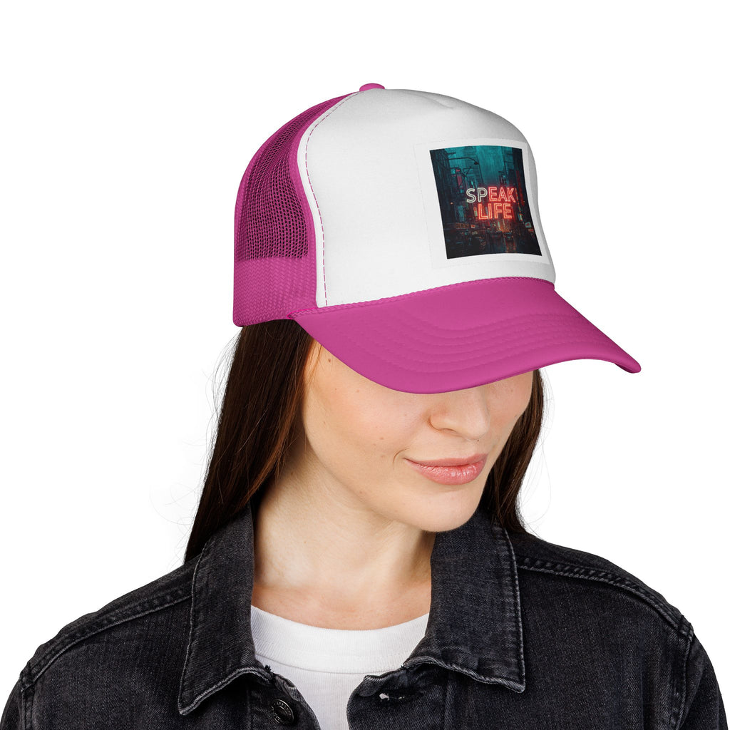 Speak Life Trucker Cap – Retro Neon City Message Mesh Hat