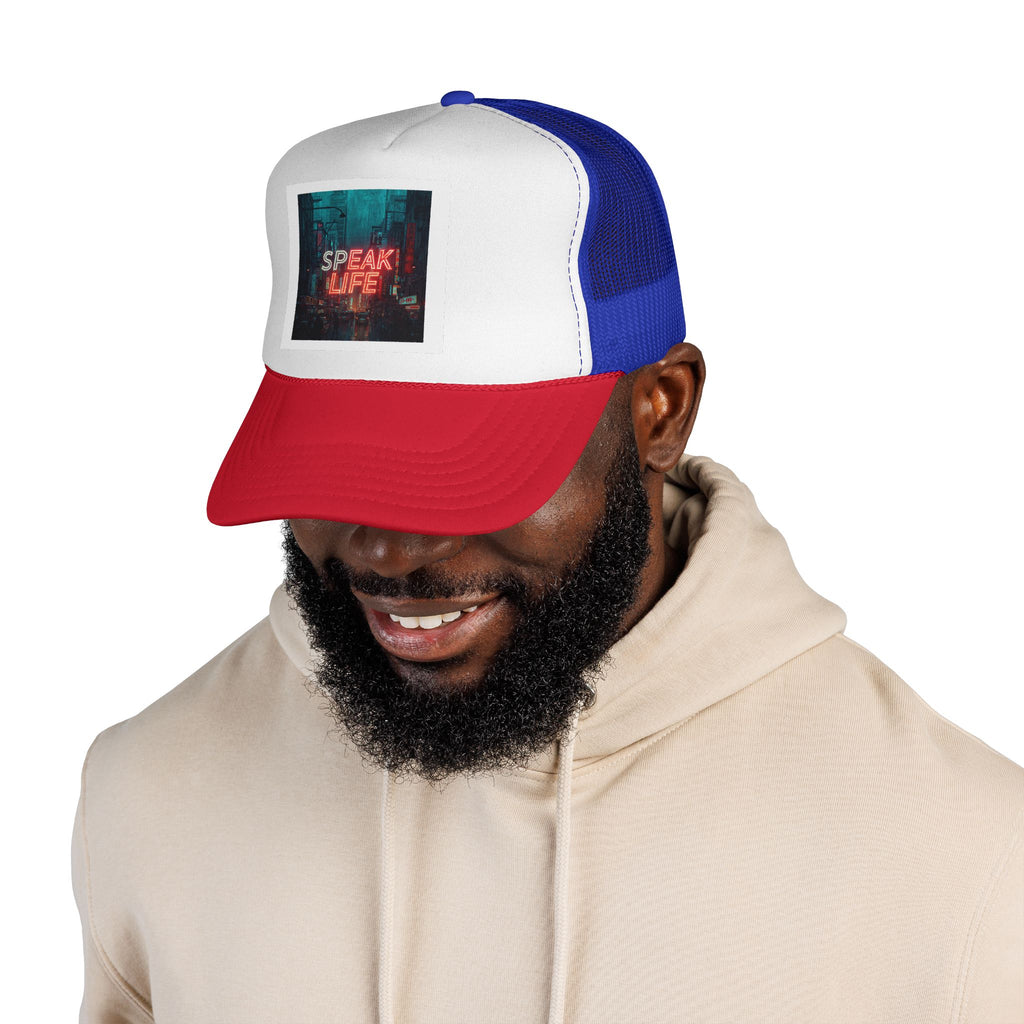 Speak Life Trucker Cap – Retro Neon City Message Mesh Hat