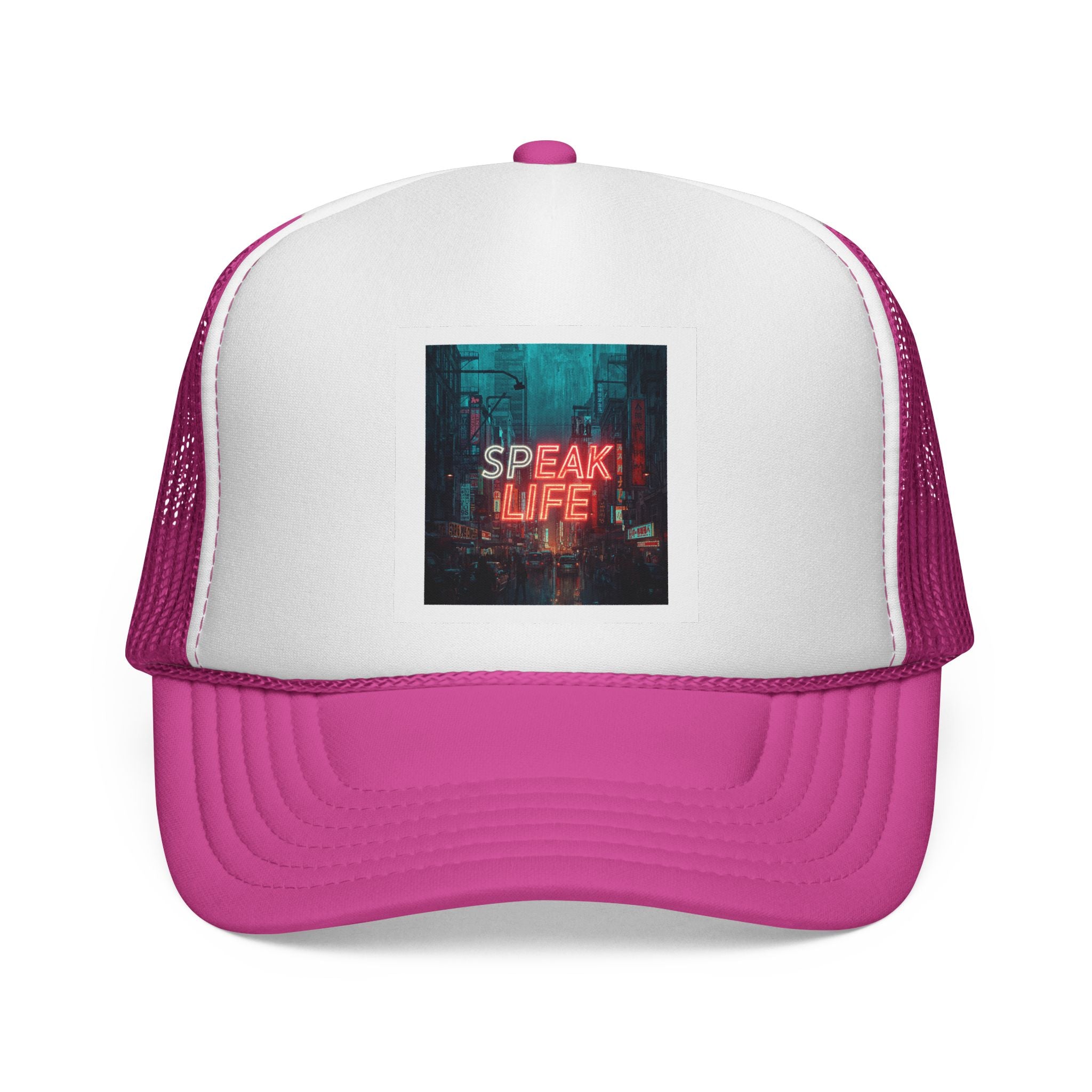 Speak Life Trucker Cap – Retro Neon City Message Mesh Hat