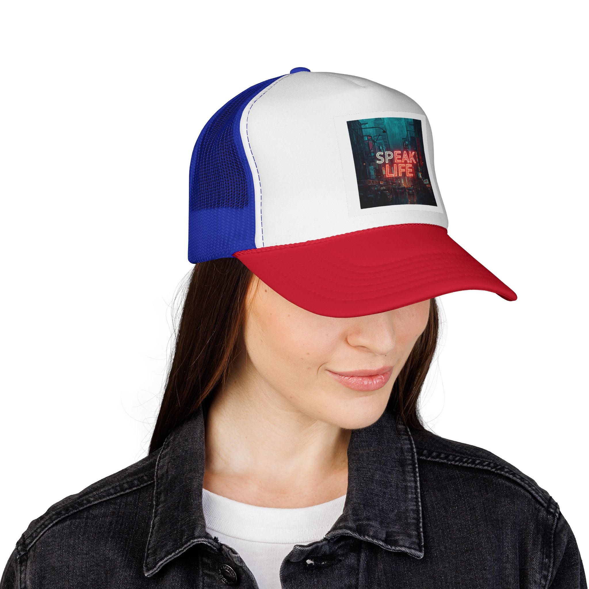 Speak Life Trucker Cap – Retro Neon City Message Mesh Hat